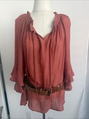 NAIF Rust Red Peasant Tunic with Ruffle Sleeves